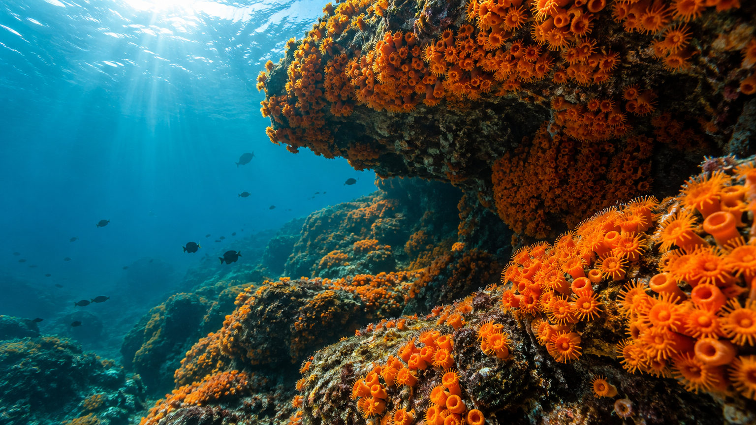 Coral-sol (Tubastraea) alaranjado dominando um costão rochoso submerso no Brasil, com raios de sol filtrando pela água